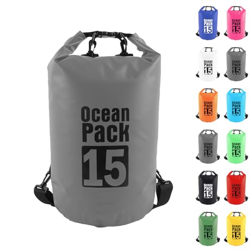 15L Sac étanche Polyvalent Gris, 2L/5L/10L/15L/20L/30L Waterproof Dry Bag avec Longue Bandoulière Réglable Sac à Dos Confort Imperméable pour Bateau/Kayak/Pêche/Rafting/Natation/Camping/Snowboard
