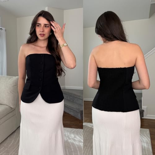 Yousify Womens Strapless Smocked Tube Top Sleeveless Button Fitted Blazer Vest 2025 Work Business Casual Tank Tops2