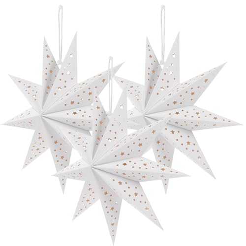 3pcs 3D Christmas Star, 9 Pointed Hanging Paper Star Lantern Lampshade White Hollow Star Lantern for Christmas Wedding Party