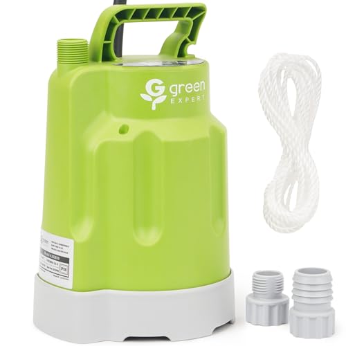 Green Expert 1/4HP Portable Sump Pump Full Corrosion Resistant Upgraded, Vinegar/Pools/Salt Water Applicable, Multipurpose Adapter Kit Easy to Use with Garden Hoses, 1800GPH Flow, 10-foot Power Cord