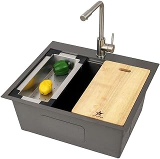STARSTAR Workstation Ledge Topmount/Drop-in Single Bowl Satin Matte 304 Stainless Steel Kitchen/Yard/Bar/Laundry/Office Sink, With Grid, Colander, Cutting Board, Strainer (25x22x10 Black)