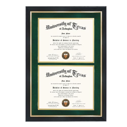 GMFrames Double Diploma Frame for Two 8.5x11 Certificates with Green over Gold Mat, Solid Wood, UV Protection Acrylic, Black Finish with Gold Trim