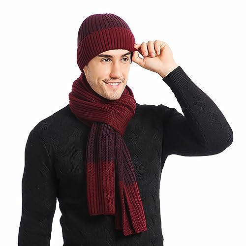 Hilmocho Bufanda Gorro y Guantes para Hombre Invierno Cálido Tejido Sombrero Beanie Calentador de Cuello de Bufanda Larga Guantes de Pantalla Táctil