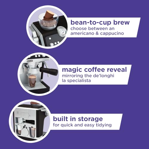 Casdon De'Longhi Toys Barista Coffee Machine. Toy Kitchen Playset for Kids with Moving Parts, Realistic Sounds and Magic Coffee Reveal. For Children Aged 3+, Silver, Black by Casdon - Image 6