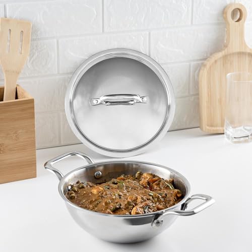 Wakefit Kadai for Cooking | 5 Years Warranty | 20 cm, 2.5mm Thick | Triply Stainless Steel Kadai, Kadhai with Lid, Induction & Gas Ready, Scratch Resistant, Diwali Gifts - Nyama (1.8Ltr, Silver) (B0CJC9X5DF) Amazon Price History, Amazon Price Tracker