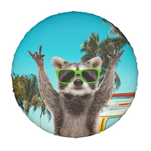 Image of 80s Raccoon Spare Tire Cover for Rv Trailer Camper Truck SUV - Cute Raccoon Animal Wheel Protectors Cover Waterproof Fabric for Travel Camping Outdoor,Universal Fit,16 inch