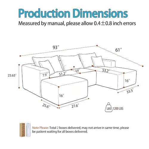 Image of 93 inch U-Shaped Boneless Couch, Corduroy Cloud Couch Sectional with Chaise and Ottoman, Deep Seat Modular Sectional Sofas for Living Room, No Assembly - Olive Green (Right Facing Chaise)
