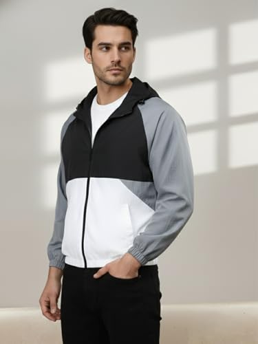 Image of CHKOKKO Mens Stylish Oversized Windcheater Jacket with Zip Closure Lightweight Sportswear for Running Travel Hiking Outdoor and Rainy Season Wear BlackWhiteGREY XXL