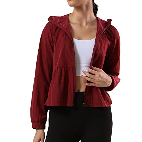Lu's Chic Women's UPF 50+ Jacket Full Zip UV Sun Protection Clothing Hoodie Shirt Lightweight Cycling Coat Water Proof Long Sleeve Flowy Hem with Pockets Hooded Red Medium