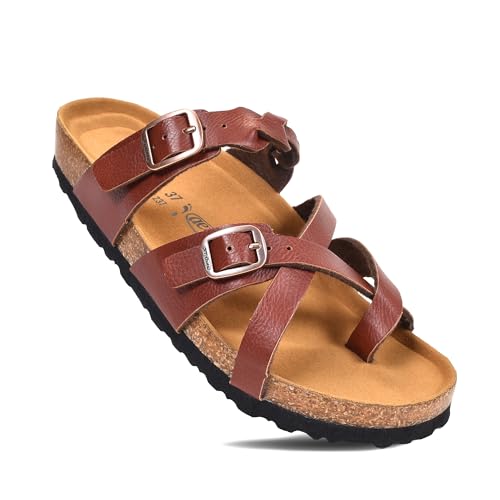 Image of AEROTHOTIC Recovery Slides for Women Comfortable Memory Foam Cork Footbed Cute Faux Leather Adjustable Buckle Straps Walking Travel Outdoor women sandals