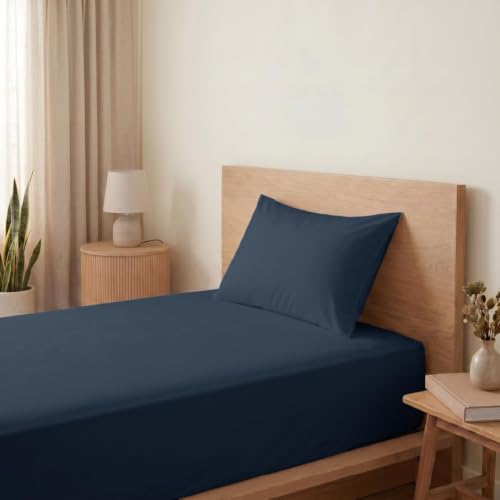 Image of Blue Dahlia 100% Cotton, Single Bedsheet (60 inch x 90 inch) +1 Pillow Cover, Percale Weave, 200TC Solid Premium Bedsheet, Colour: Navy