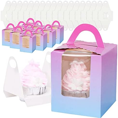 Single Cupcake Boxes, 30 Pcs Individual Cupcake Boxes, Portable Cupcake Carriers with Clear Window, Paper Bakery Boxes with Handle and Insert for Birthday Party Wedding Favors