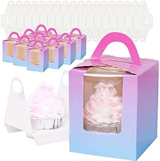 Single Cupcake Boxes, 30 Pcs Individual Cupcake Boxes, Portable Cupcake Carriers with Clear Window, Paper Bakery Boxes with Handle and Insert for Birthday Party Wedding Favors