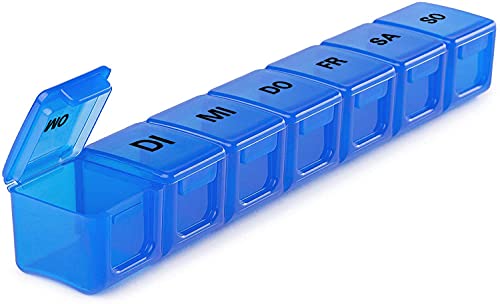 Tablettenbox 7 Tage Deutsch, SUKUOS XL Groß Pillendose 7 Fächer, Medikamenten-Box für 7 Tage (Blau) Cover