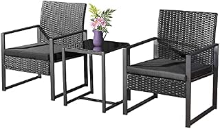 ASOWNSUN 3 Piece Rattan Garden Furniture Set Wicker Patio Furniture Sets Modern Bistro Set Rattan Dining Sets with Coffee Table for Yard Balcony/Lawn/Garden(Black)