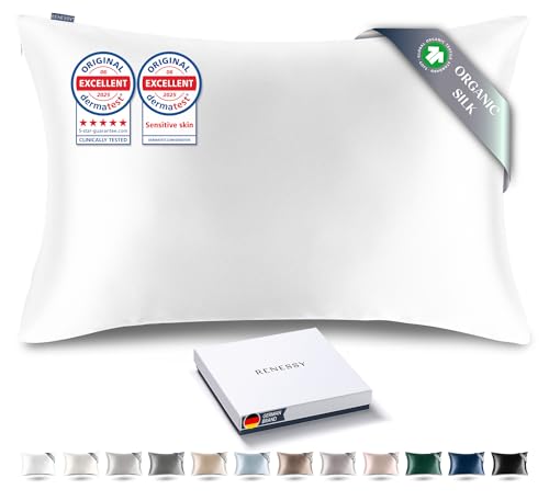 Premium Silk Pillowcase 100% Organic Mulberry Silk, 22 Momme, Grade 6A - Oeko-Tex Certified in Germany - Luxury for Hair & Skin, 1 Piece (Standard Size 20x26 Inches, White)