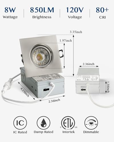 Image of Canless Recessed LED Eyeball Lights 8W 5CCT Selectable 360 Rotatable Square Downlight with Junction Box,Wet Location Dimmable Wafer Lights,Square Trim,6Pack (Brushed Nickel, 3 inch)
