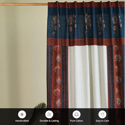 Image of Peepul Tree Handprinted Floral Striped Ornamental Door Curtain in Ivory Maroon and Navy Blue | 7 Feet | Pack of 1| Back Loop Curtain | 70% Light Blocking | Semi Blackout| Breathable Drapes