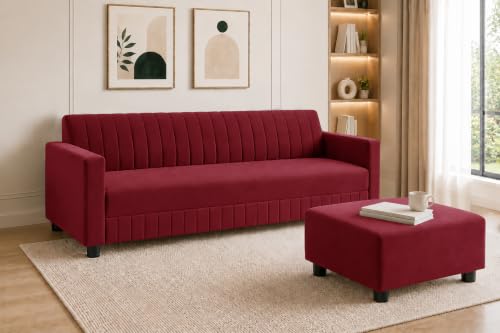 Image of Modern 3-Seater Velvet Sofa with Ottoman | Vertical Channel Tufted Backrest | Plush Cushioned Seating | Stylish Contemporary Sofa for Living Room, Bedroom & Office | Red