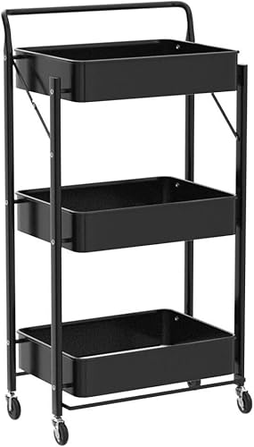 Storage Trolley Cart, 3 Tier Foldable Metal Rolling Organizer Cart with Casters, Mobile Utility Service Cart for Kitchen Bathroom Office Laundry (Black)