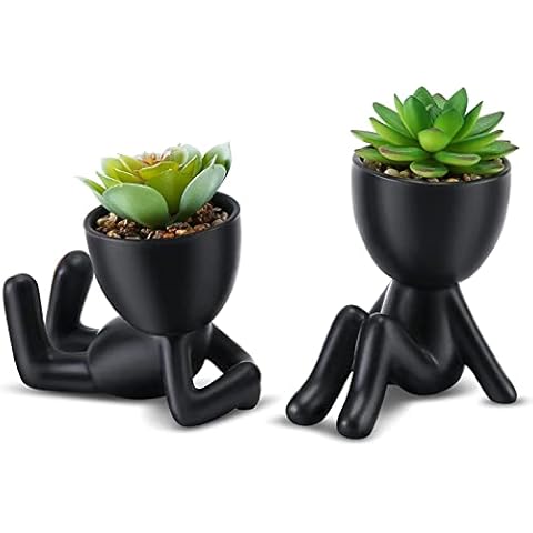 QIUKUN Fake Mini Succulents Plants Artificial in Black Modern Human Shaped Ceramic Pots Cute Desk Decor Desk Plant for Office Decor for Women Cute Fake Plants Bathroom Decor (2PCS) Cover