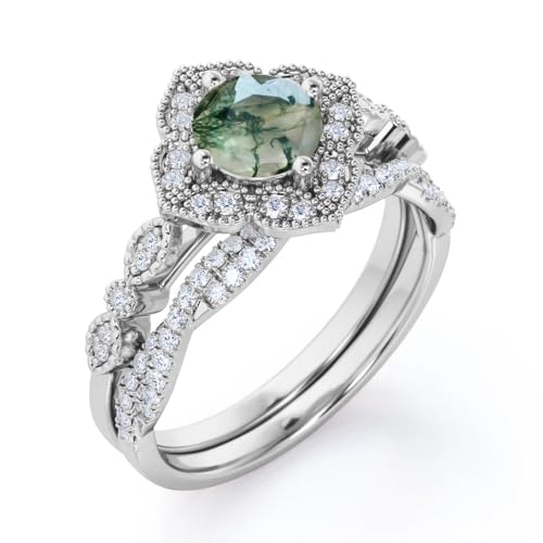 Moss Agate Ring for Women Personalized 925 Sterling Silver/10K/14K/18K Gold Vintage Green Moss Agate Moissanite Engagement Set Ring Valentine's Day2