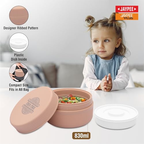 Image of JAYPEE Mini Max Lunch Box for School, Office, Ideal for Snacks and Meal, Keeps Food Hot & Fresh Insulated Stainless Steel Inner with Plastic Dish Inside for Office, College and Picnic, Peach, 830 ml