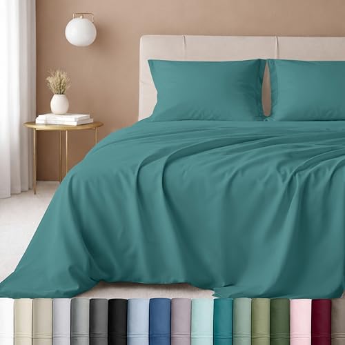Image of California Design Den Twin XL Bed Sheets Cotton Set - Luxury 600 Thread Count Sateen, 100% Cotton Sheet Set with Deep Pockets, Soft Hotel-Quality Bedding - Teal Sheets