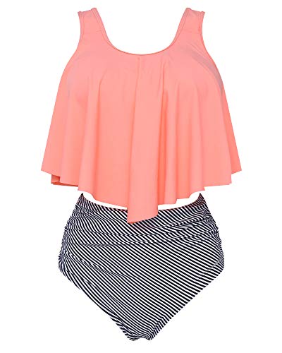 Image of OMKAGI Women's Ruffle Bikini Swimsuit High Waisted Bottom Plus Size Swimwear Tankini