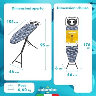 COLOMBO Asse da Stiro JUPITER 120x40 cm – Regolabile in Altezza 6 Posizioni fino a 95 cm, Porta Caldaia con Barra Portagrucce, Foderina 100% Cotone Biologico, Struttura Robusta Ø28 mm, Made in Italy