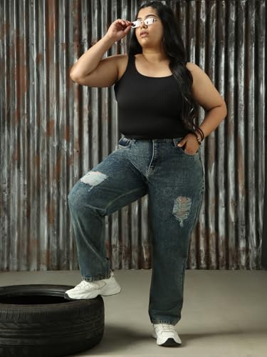Image of High Star Women Cotton Washed Mom Fit Casual High-Rise Jeans