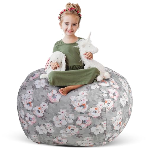 Creative QT Stuff ’n Sit Extra Large 38’’ Bean Bag Storage Cover for Stuffed Animals & Toys, Giant Beanbag Chair Kids, Ages 3-14, Bedroom Organizer Holiday Gifts, Grey Floral