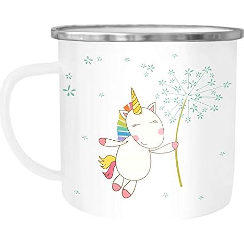 MoonWorks Emaille Tasse Becher Einhorn Pusteblume Unicorn Dandelion Einhorntasse Kaffeetasse weiß-metall unisize Cover