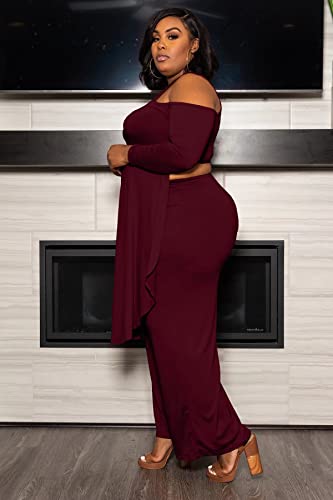 Women Plus Size 2 Piece Outfits Strap Off Shoulder Flowy High Low Tops Wide Leg Palazzo Pants Jumpsuit Beach Wine
