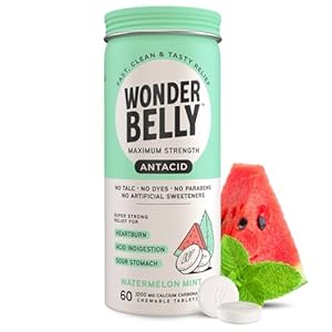 Wonderbelly Antacid, Effective Heartburn and Instant Acid Indigestion Relief, Extra Strength Chewable Tablets, 1000 mg Calcium Carbonate, No Talc or Dye, Watermelon Mint, 60 Count