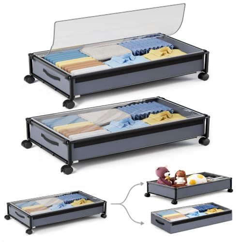 OMAIRA Under Bed Storage with Wheels, Underbed Shoe Storage Organizer with Clear Lids,& Rolling Drawers for Clothes, Shoes, Toys – Multi-Use Storage Bins and Drawers, 2-Pack Splittable into 4-Pack