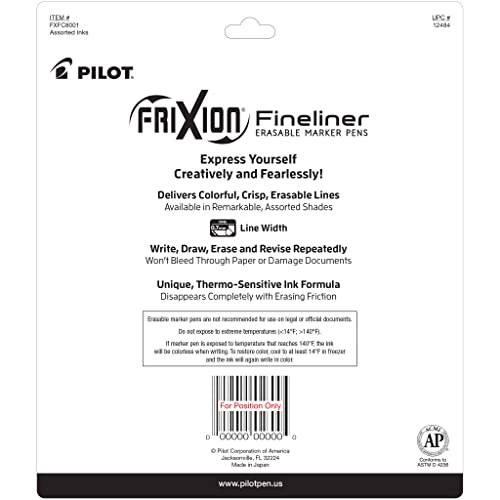 Image of Pilot FriXion Fineliner Erasable Marker Pens, Fine Point 0.7 mm, Pack of 8, Vivid Colors, Erasable Pens - Ideal for School, Journaling, & Office Writing