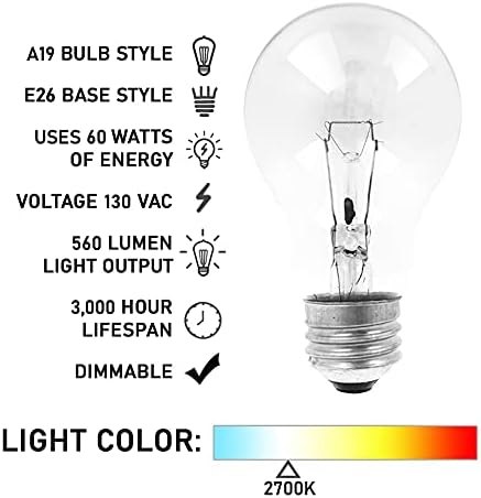 Mandala Crafts Rough Service Light Bulbs 60-Watt Clear Light Bulbs – Dimmable E26 A19 Bulb Pack of 6 - Incandescent Light Bulbs 60 Watt Soft White