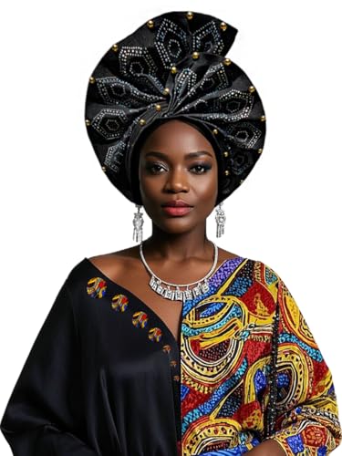 Petaluna Nigerian Headwear for Women African Headwrap & Auto Gele with Beads for Wedding, Party, Special Events (US, Alpha, One Size, Small, Pure Black)
