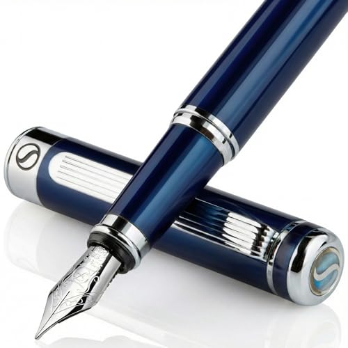 Image of Scriveiner Midnight Blue Fountain Pen - Stunning Luxury Pen with Chrome Appointments, Schmidt Nib (Fine), Best Pen Gift Set for Men & Women, Professional, Executive, Office, Nice Pens