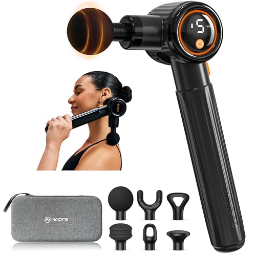 Pistola de Masaje Muscular,Napre Pistola Masaje Muscular con Mango Largo y 3 ángulos Ajustables,Massage Gun Pistola Masajeadora,6 Cabezales y Pantalla LED,Masajeador Muscular Cervical y Espalda,Negro