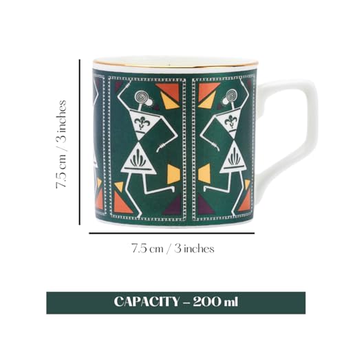 Image of GOLDEN QUEEN'S Handcrafted Tea Cups - Set of 6 | Ideal for Everyday Tea and Coffee, Enhancing Your Daily Rituals (Tribal Rhythm in Green)