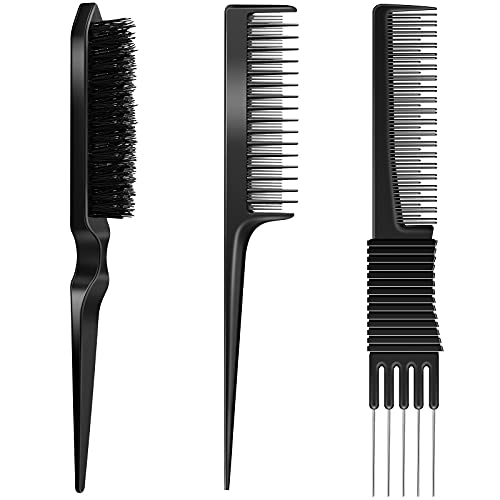 Patelai 3 Pcs Teasing Comb Set Edge Brush Rat Tail Pick for Hair,Black