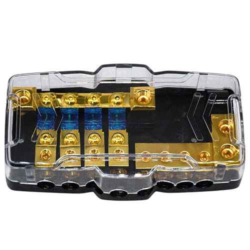 Image of KMH Universal Fuse Power Distribution Block with Ground Pure Copper | 4 Way AWG Gauge Audio Splitter with 60A Mini ANL Fuse Holder | Car Accessories High Strength Safe Audio Boat Auto Stereo Amplifier