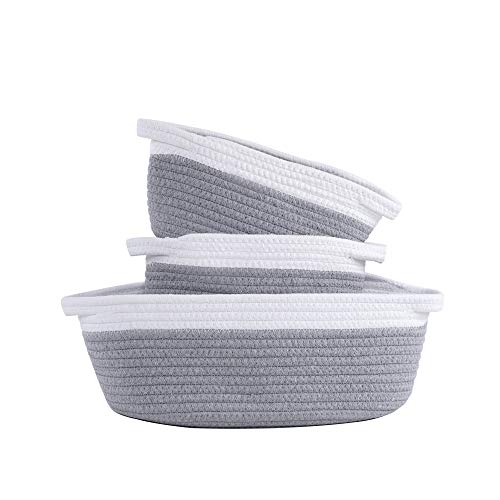 Mila Millie Cotton Rope Woven Baskets | Set of 3 Storage Organizer | Modern Chic Design Baby Nursery Bin | Bibs, Toys, Diapers, Art Craft Supplies Holder | Shower Gift | Eco Friendly (White & Gray)