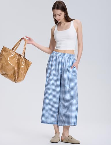 Image of LOMON Womens Wide Leg Capri Pants Gingham Plaid Culottes Summer Elastic Waist Palazzo Trousers Bottoms with Pockets