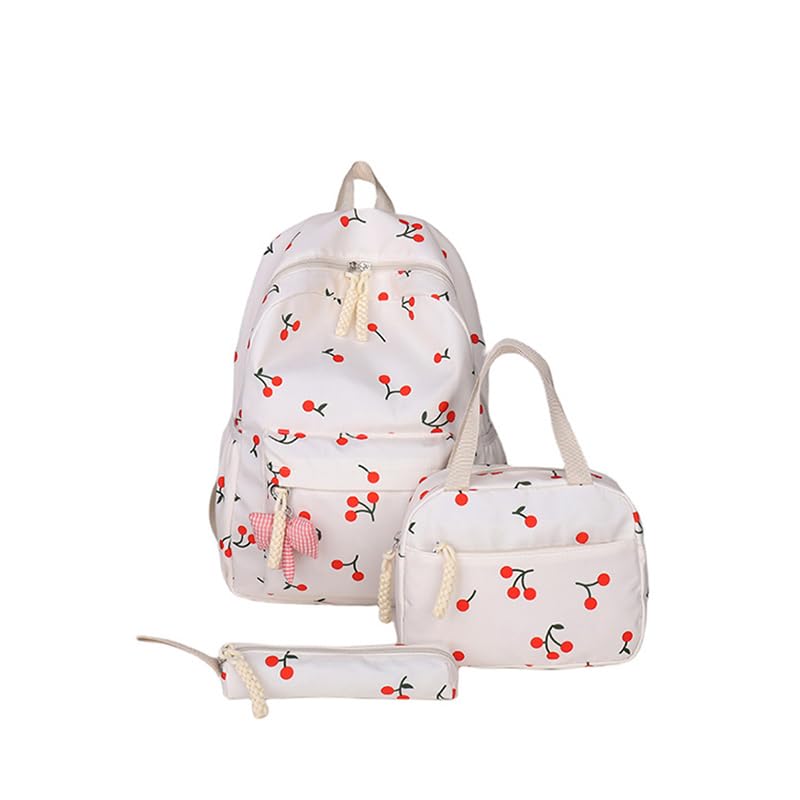 Three-Piece Cherry Backpack with Lunch Bag & Nylon Backpack (White)
