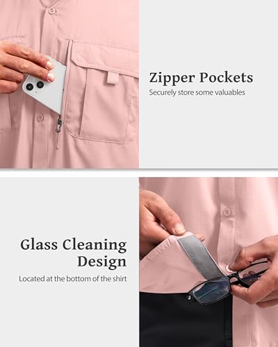 BETBO Men's Short Sleeves Fishing Shirts Button Down Summer Travel Work Shirts with Zipper Pockets(Light Pink, 3X-Large) — view 4