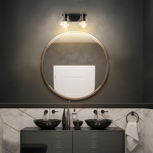Image of GLOBE Electric 63000057 3-Piece All-in-One Bathroom Set, Matte Black, 15 inch 2-Light Vanity Light, Clear Glass Shades, Toilet Paper Holder, Towel Ring, Bathroom Lights Over Mirror, Powder Room Lighting