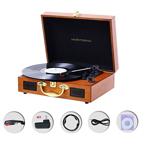 Wood Record Player Belt-Driven 3-Speed Turntable, Vintage Vinyl Record Players with Speakers, Headphone